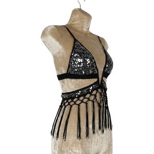 New M Black Silver Sequin Macrame Fringe Festival Bralette Rave Top Plunging